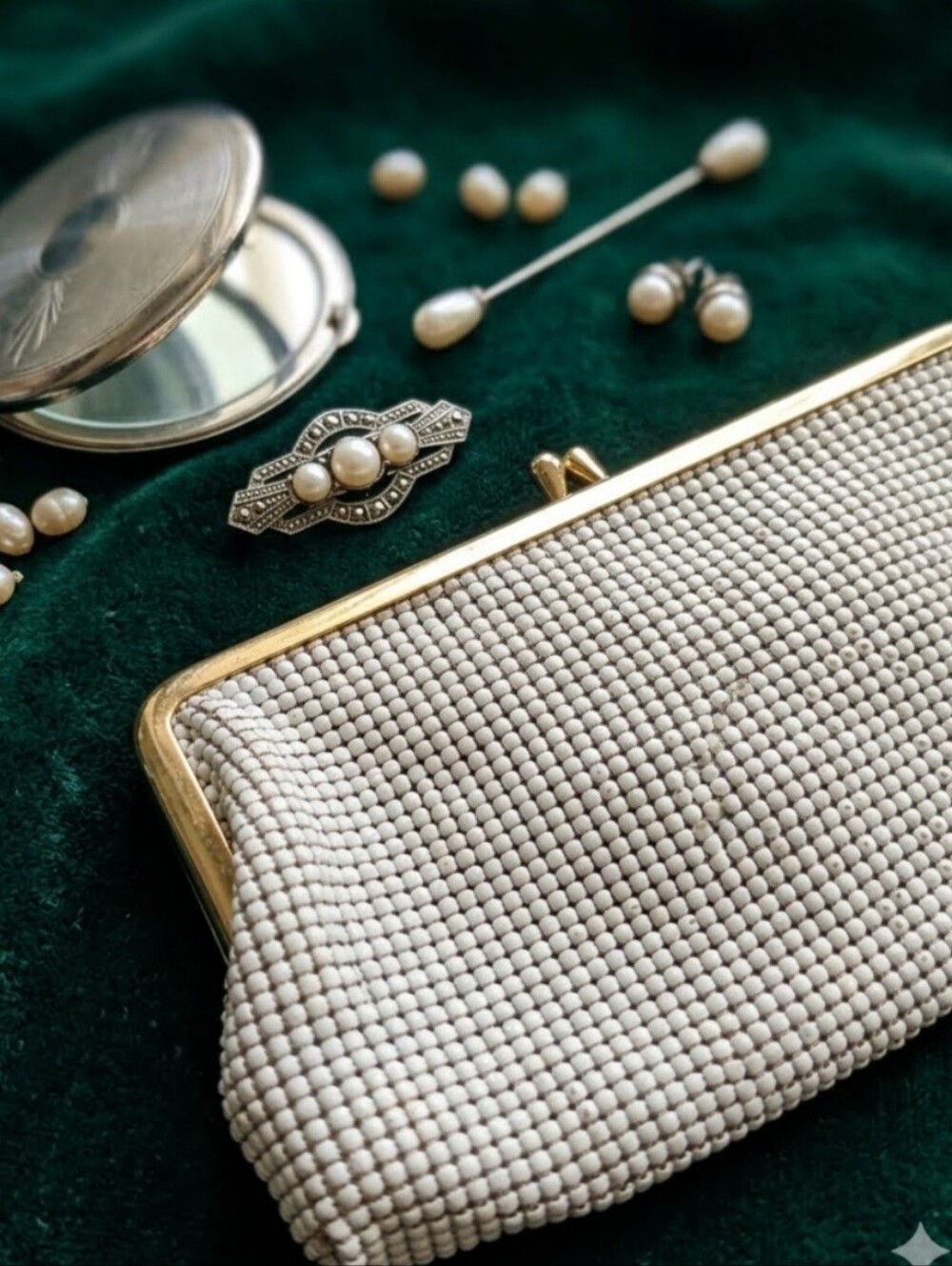 Vintage Whiting & Davis White Enamel Metal Mesh Clutch Purse 1950s
